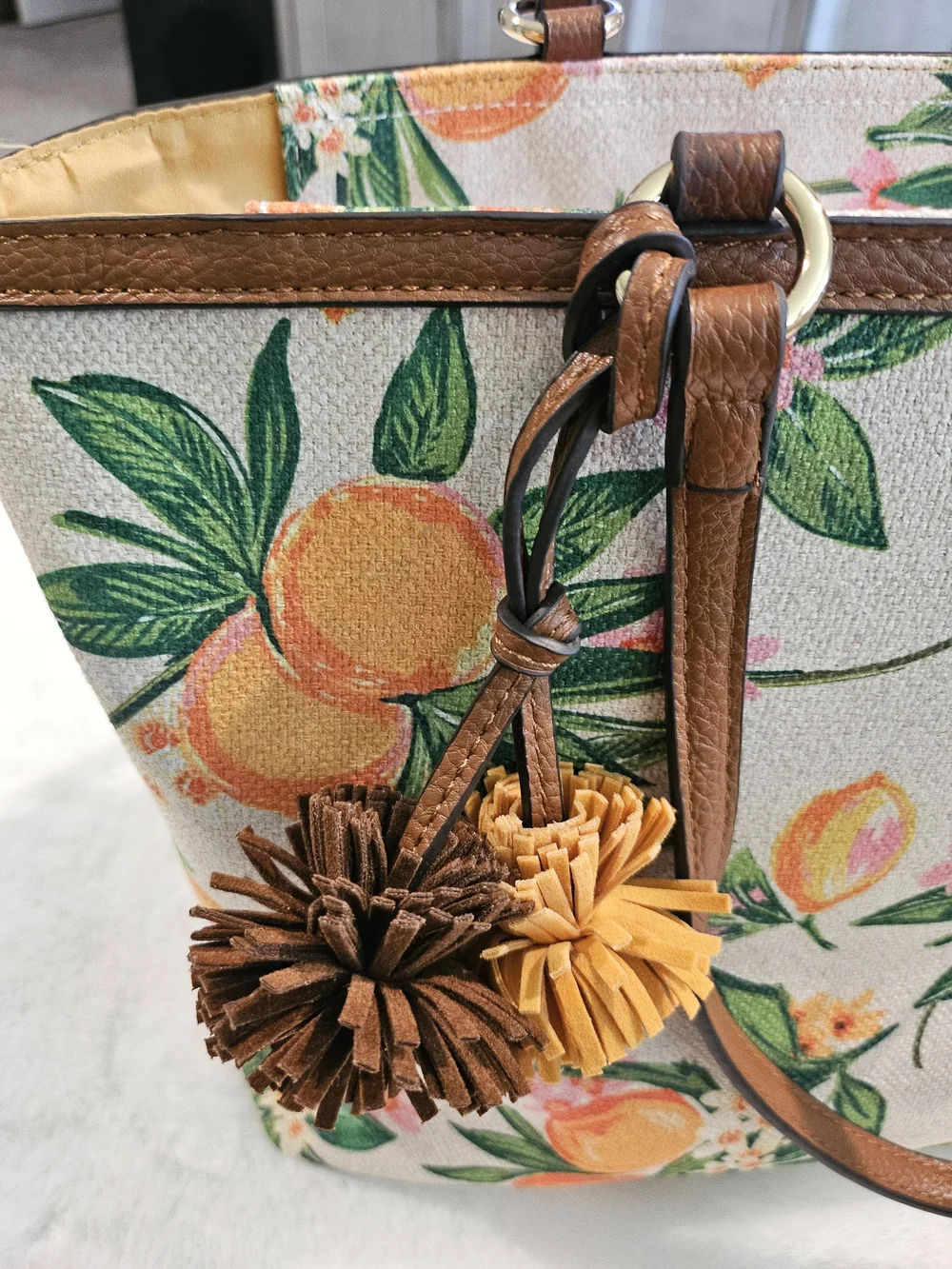 D S Designed in New York Canvas Tote Bag in Orange Green Floral Citrus Print O/S